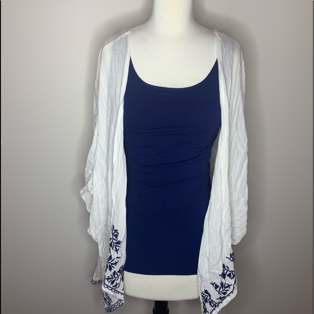 White Cardigan and Navy Tank Top